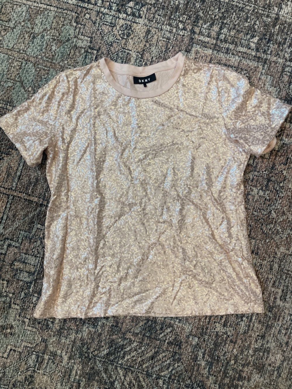 DKNY Light Pink Sequin Short Sleeve Top Large